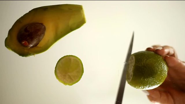 lime and avocado section on the glass surface