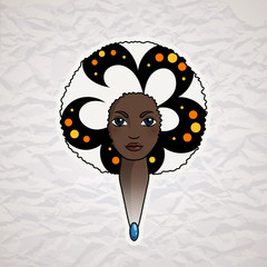 Portrait of a woman with luxuriant hair in the style of an African. Vector.