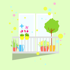  Summer balcony with flowers.Vector illustration.