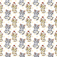 Seamless pattern of cute cat characters. Pet in love. Fishbone.