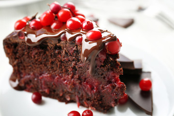 Piece of chocolate cake with cranberries on plate, closeup