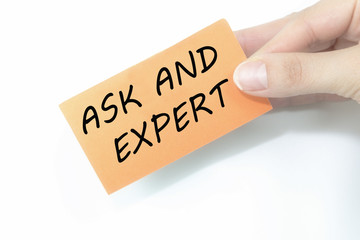 hand holding orange card written ask and expert over isolated