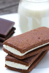 Homemade chocolate sponge cake with fluffy milky filling. Closeu