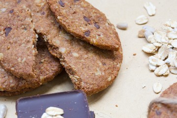 Fitness oat biscuits on an old wooden surface. Closeup