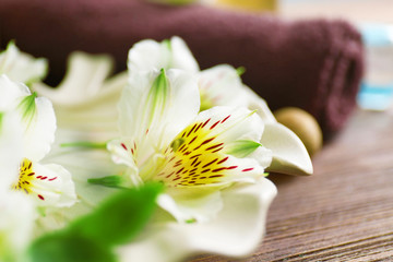 Beautiful exotic flowers and spa composition, close up