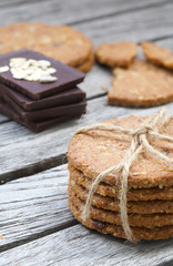 Fitness oat biscuits on an old wooden surface. Closeup