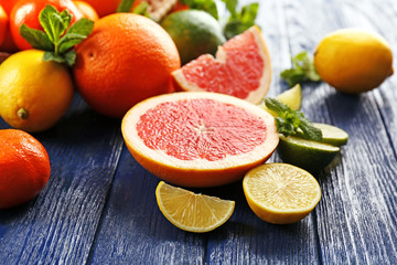 Juicy composition of tropical fruits on, close up