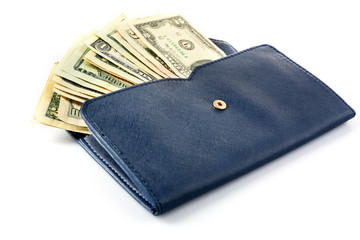 Blue leather wallet with money, isolated on white