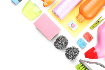 Cleaning set with products and tools, isolated on white