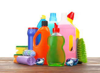Cleaning supplies on the floor