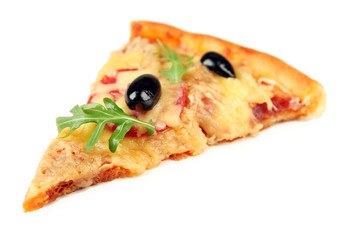 Slice of fresh baked pizza isolated on white