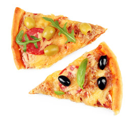 Slices of fresh baked pizza isolated on white