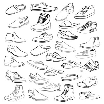 Vector set of men shoes painted lines in minimalist style
