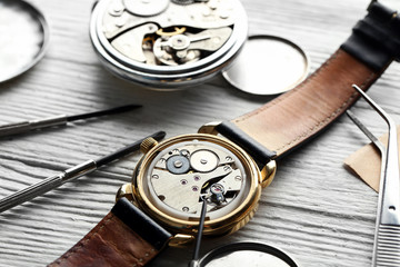 mechanism of retro watch closeup