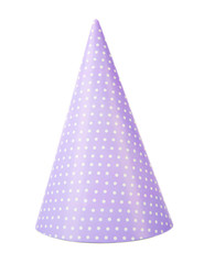 Purple polka dot party hat, isolated on white