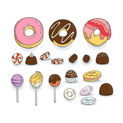 Set of Candy and Muffins Icons. Cakes, Sweets, Lollipops, Bows.