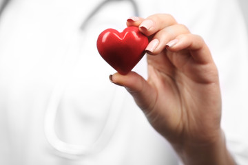 Young female doctor holding red heart in hand, close up