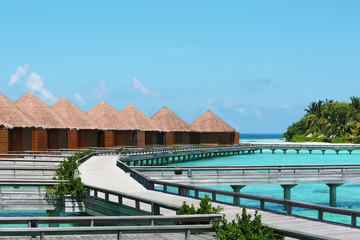 Fototapeta premium Water villas above blue ocean in Baros Maldives