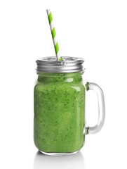 Jar of fresh avocado cocktail isolated on white