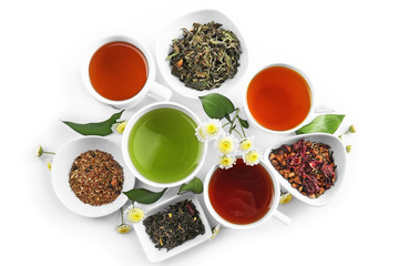 Different sorts of tea on white background