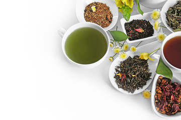 Different sorts of tea on white background