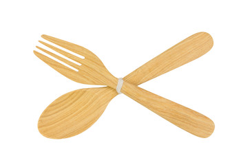 wooden spoon and fork isolated on white Background