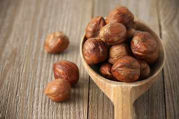 Hazelnuts in wooden spoon