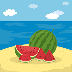 Illustration of watermelon fruit slice at beach background.