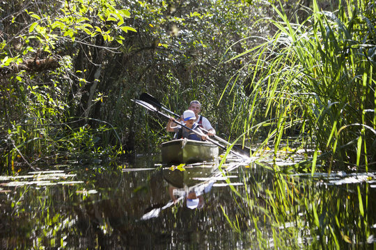 Father and son in a rowing boat, Everglades, Florida, USA