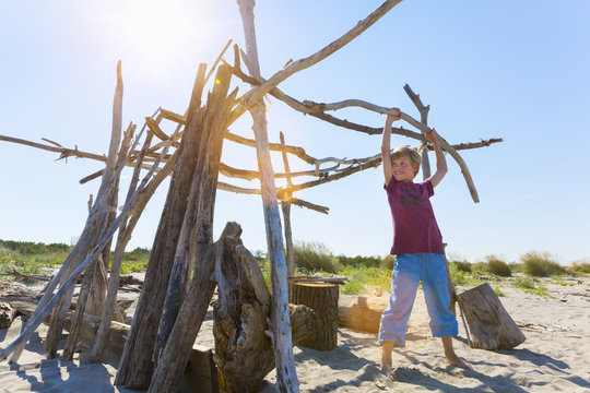 Boy lifting driftwood to construct shelter, Caleri Beach, Veneto, Italy