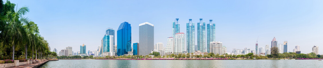 Bangkok, Thailand - Mar 20, 2016 Panorama Cityscape of downtown from the view in Benjakijti Park