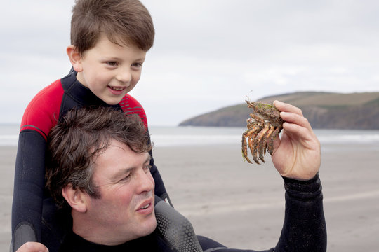 Father holding crab with son