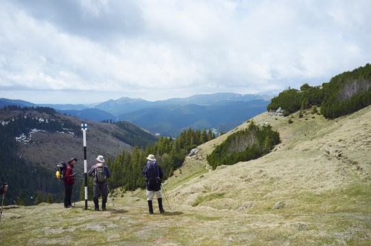 Three hikers, Bucegi Mountains, Transylvania, Romania