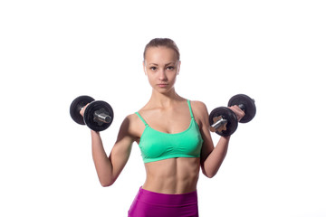 Fototapeta na wymiar young athlete with a dumbbell. isolate