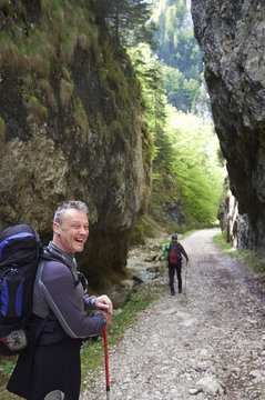 Two men hiking, Bucegi Mountains, Transylvania, Romania