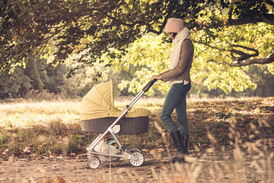 Mother walking baby in pram in forest
