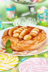 caramel cake with banana mint, bright, children, breakfast, celebration