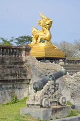 View of the sculpture golden dragon on the terrace of the forbidden Imperial city. Hue, Vietnam