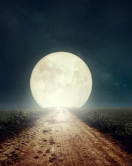 Papier Peint photo Lavable Pleine lune Beautiful countryside road with Milky Way star in night skies, full moon - Retro style artwork with vintage color tone(Elements of this moon image furnished by NASA)