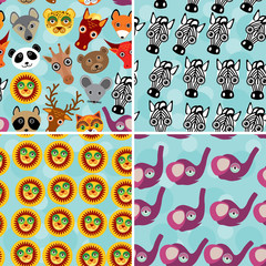 Set 4 Seamless pattern with funny cute animal face on a blue background