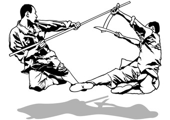 Kung-Fu Fighters Sketch - Black and White Illustration, Vector