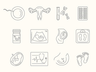 Pregnancy and childbirth, obstetrics, gynecology vector line ico