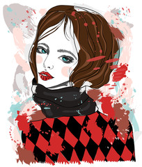 Portrait of a beautiful girl in a scarf and a diamond pattern sweater. Fashion illustration on abstract background. Print for T-shirt