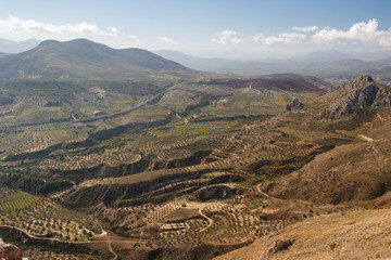 Naklejka premium View of Peloponnese hills from the ruins of Acrocorinth acropoli