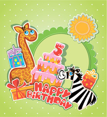 Baby birthday card with girafe and zebra, big cake and gift boxe