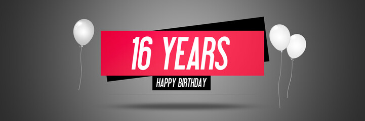 Happy Birthday Card Sign - Balloons - Banner - Anniversary - 16 Years Greetings - Illustration