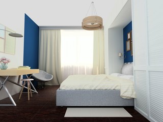 Rendering of bright cozy bedroom in white and blue colors with little modern table