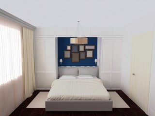 Rendering of white and blue bedroom with variety frames on wall, wardrobe hardwood floor