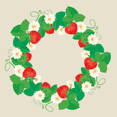 Circle ornament with Strawberries in heart shapes with flowers a