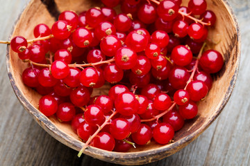 Redcurrant on a branch close to a wooden bowl.
